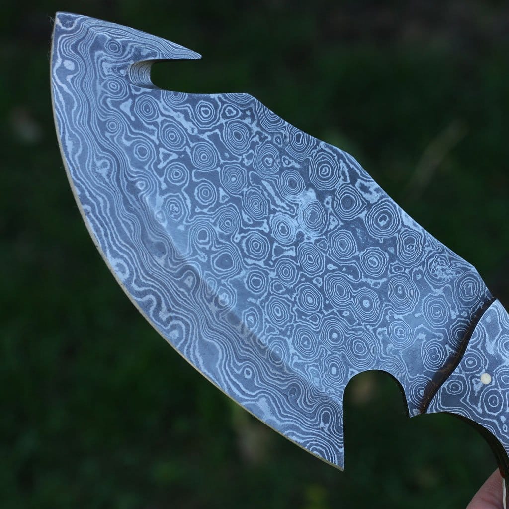 KBS Knives Store Skinning Knives Full Tang Custom Handmade Raindrop Damascus Steel Guthook Skinner knife