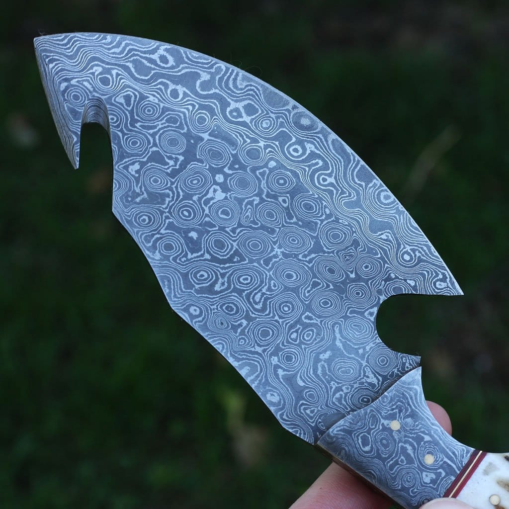 KBS Knives Store Skinning Knives Full Tang Custom Handmade Raindrop Damascus Steel Guthook Skinner knife