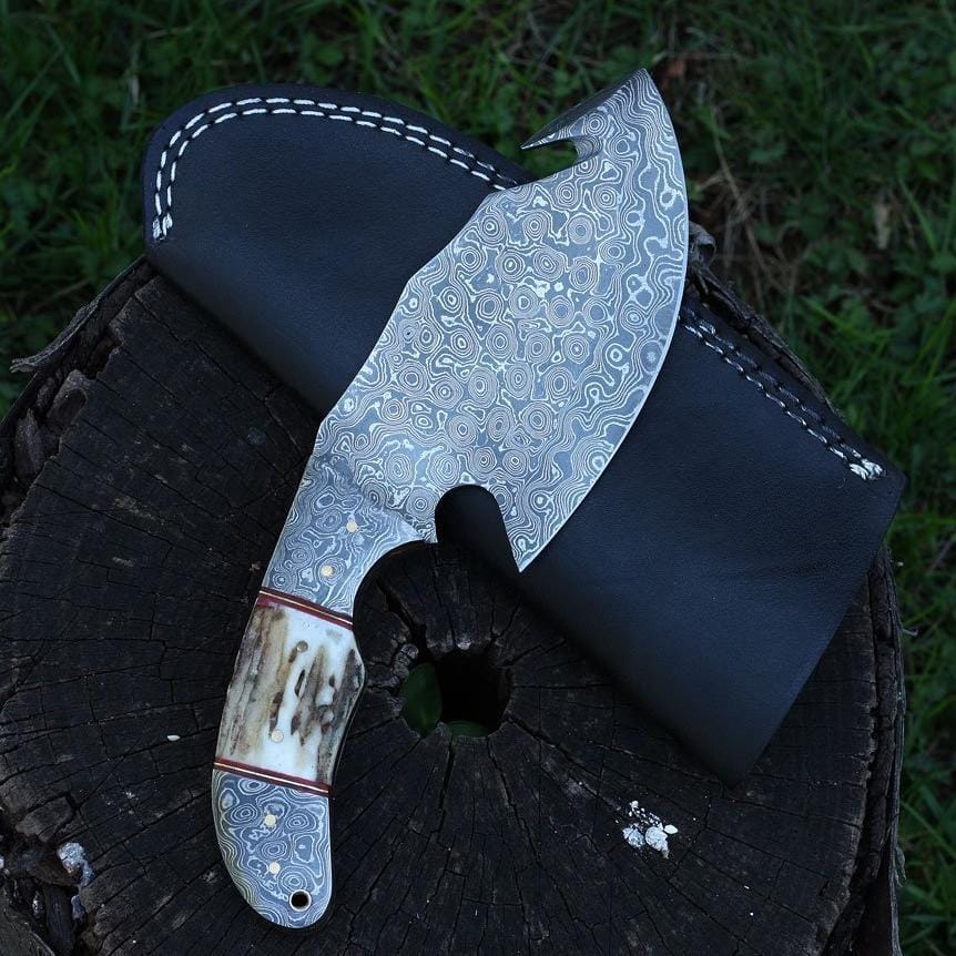 KBS Knives Store Skinning Knives Full Tang Custom Handmade Raindrop Damascus Steel Guthook Skinner knife