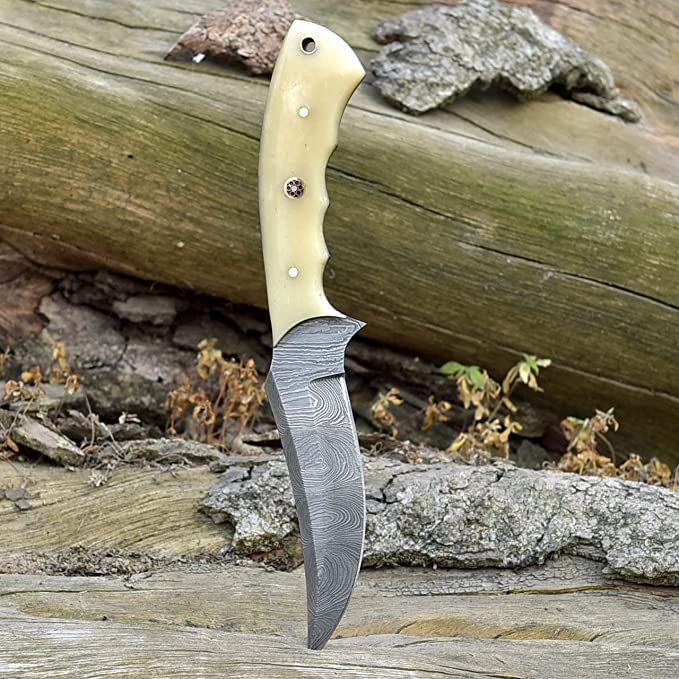 KBS Knives Store Skinning Knives Good Skinning Knife Custom Handmade Full Tang Damascus Steel with Bone Handle, 8-inch - The Bonecrest