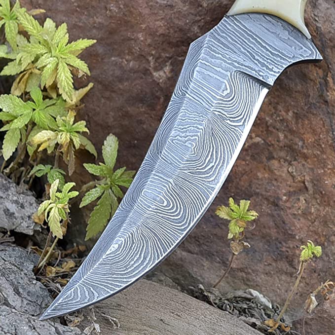 KBS Knives Store Skinning Knives Good Skinning Knife Custom Handmade Full Tang Damascus Steel with Bone Handle, 8-inch - The Bonecrest