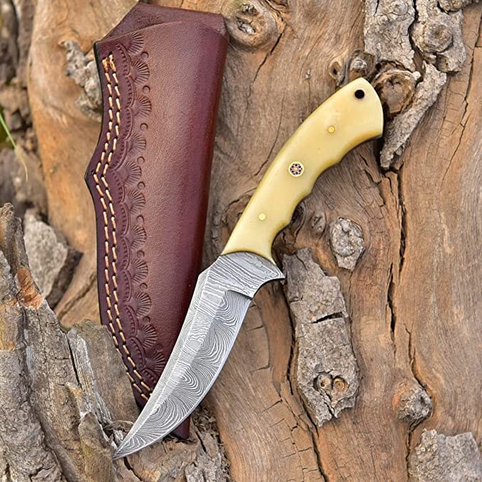 KBS Knives Store Skinning Knives Good Skinning Knife Custom Handmade Full Tang Damascus Steel with Bone Handle, 8-inch - The Bonecrest