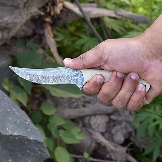 KBS Knives Store Skinning Knives Good Skinning Knife Custom Handmade Full Tang Damascus Steel with Bone Handle, 8-inch - The Bonecrest
