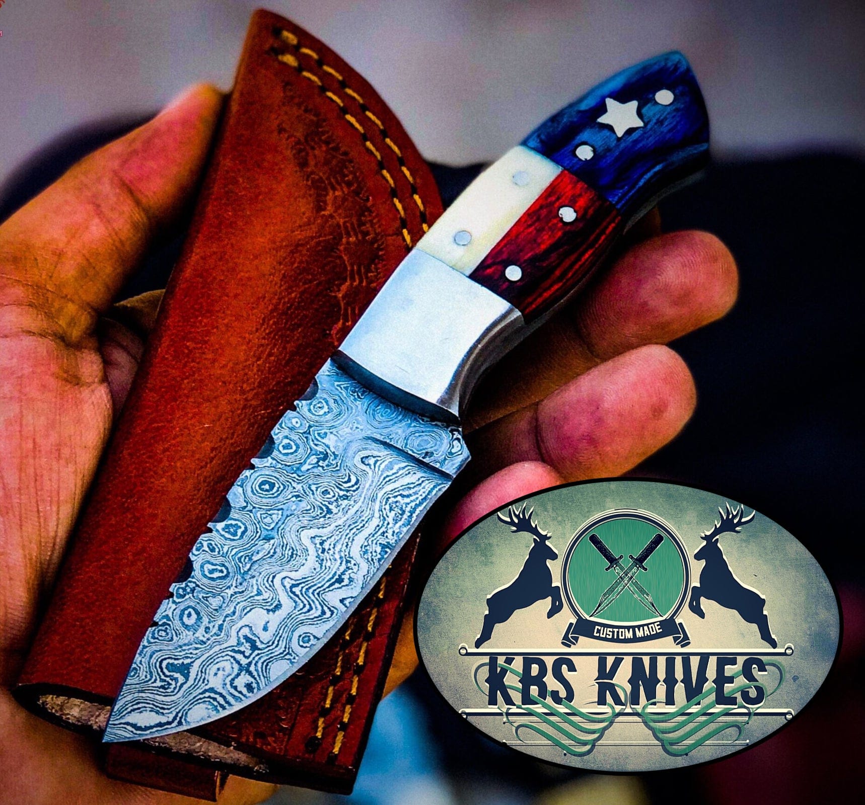 KBS Knives Store Skinning Knives Texas Flag Handle Beautiful Custom Handmade Damascus Camp Hunting Skinning Knife , Bone and Exotic Wood Handle / With Leather Sheath