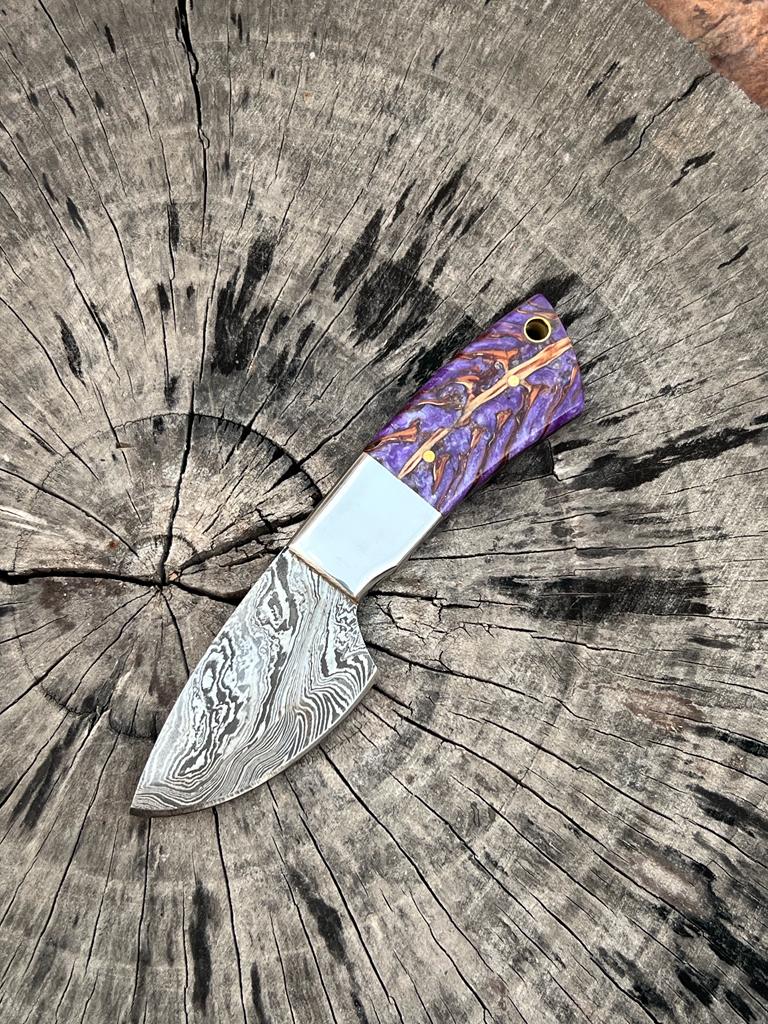 KBS Knives Store Sporting Goods Pinkish Purple Epoxy Pine Cone Handle Custom Handmade Damascus Steel Skinning Knife