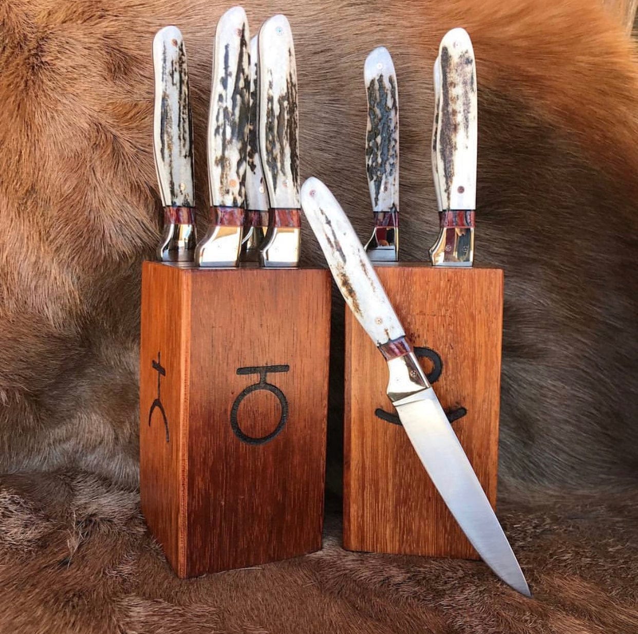 KBS Knives Store Steak Knives Stainless Elegance: 6-Piece BBQ Steak Knives Set with D2 Steel Blades and Antler Horn Handles in a Wooden Box