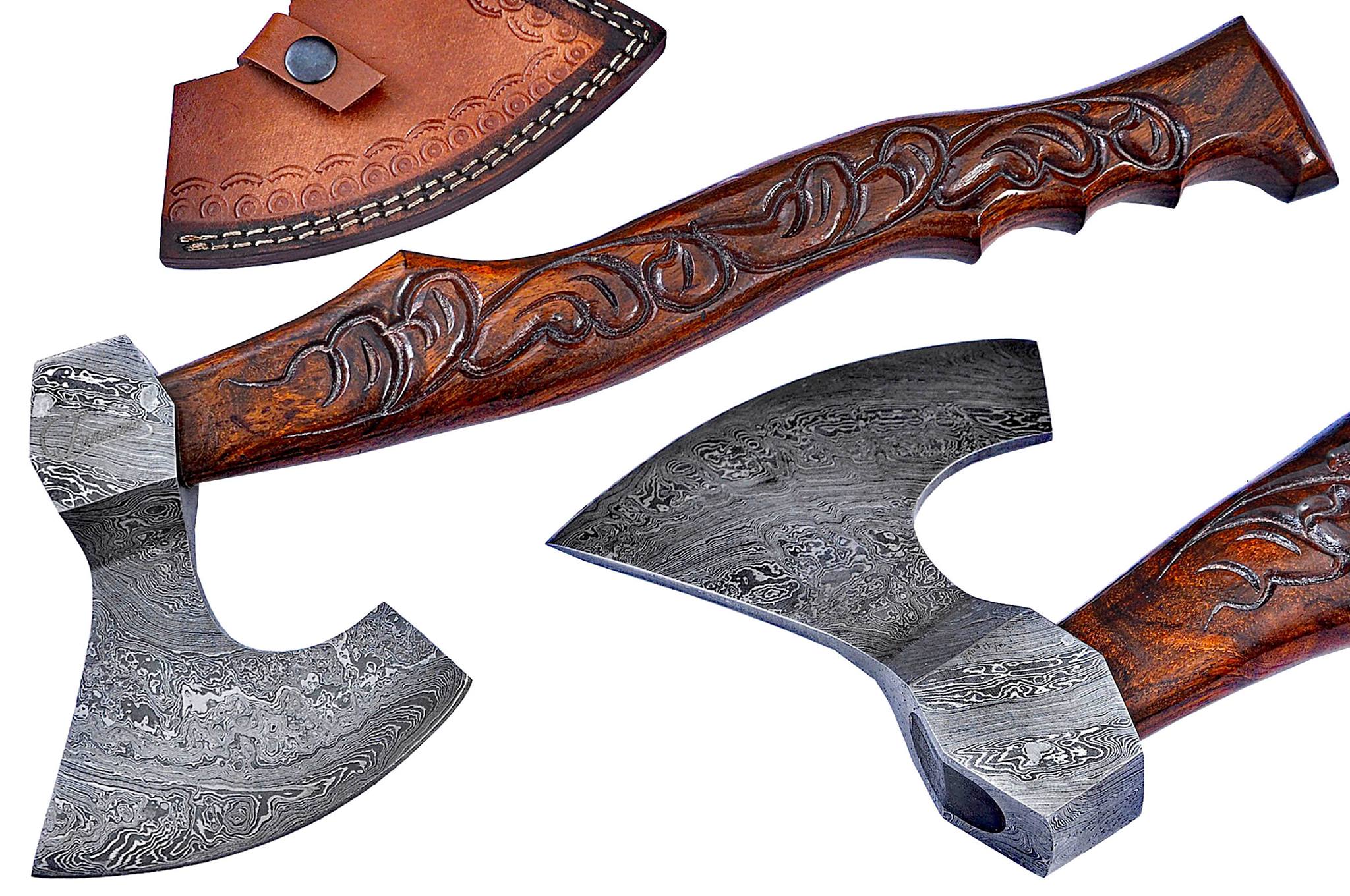 KBS Knives Store Tomahawk Handmade Custom Viking Beard Axe with Hand-Engraved Rosewood Handle and Damascus Steel Blade, with Leather Sheath by KBS Knives Store