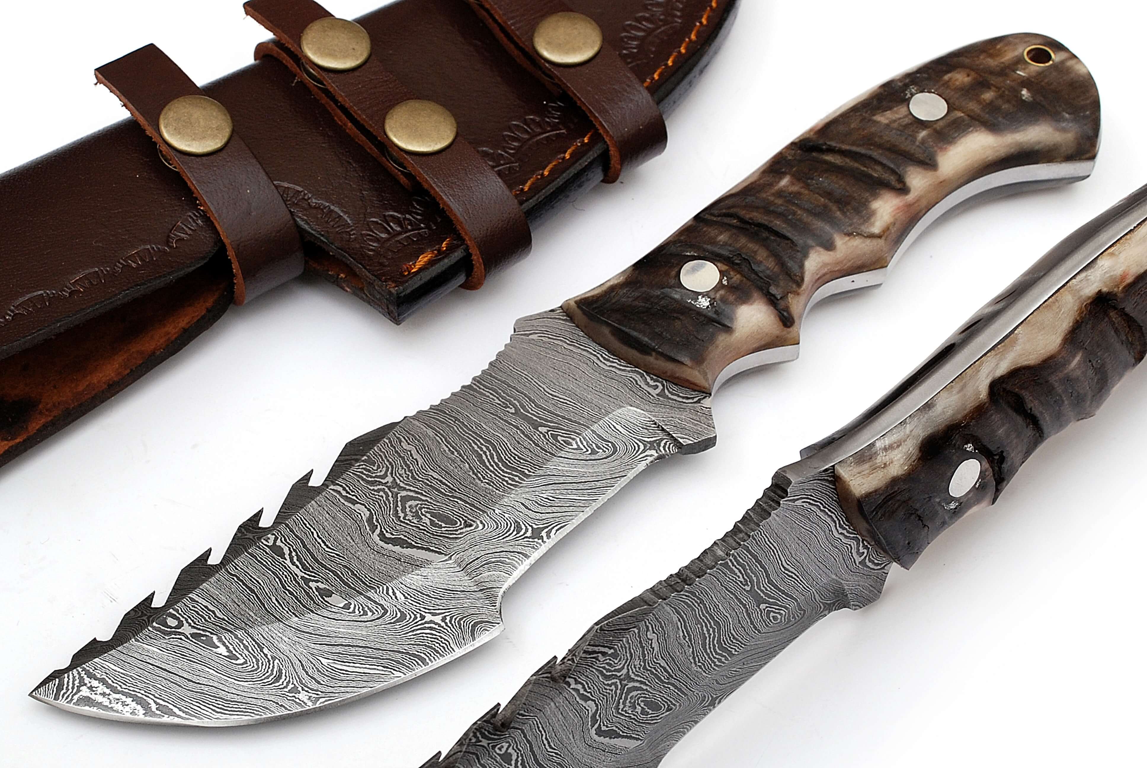 KBS Knives Store Tracker Knife Best Tracker Knife for Sale - Full Tang Damascus Steel Blade, 9.5-Inch- Micarta Sheep Horn Handle, Horizontal Leather Sheath - KBS Knives Store
