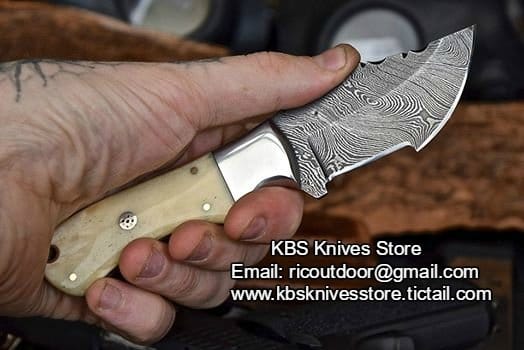 KBS Knives Store Tracker Knife Custom Handcrafted Damascus Steel EDC Tracker Knife - 7" Full Tang Bone Handle with Steel Bolster & Horizontal Leather Sheath | Ideal for Survival, Camping, and Tactical Use | KBS Knives