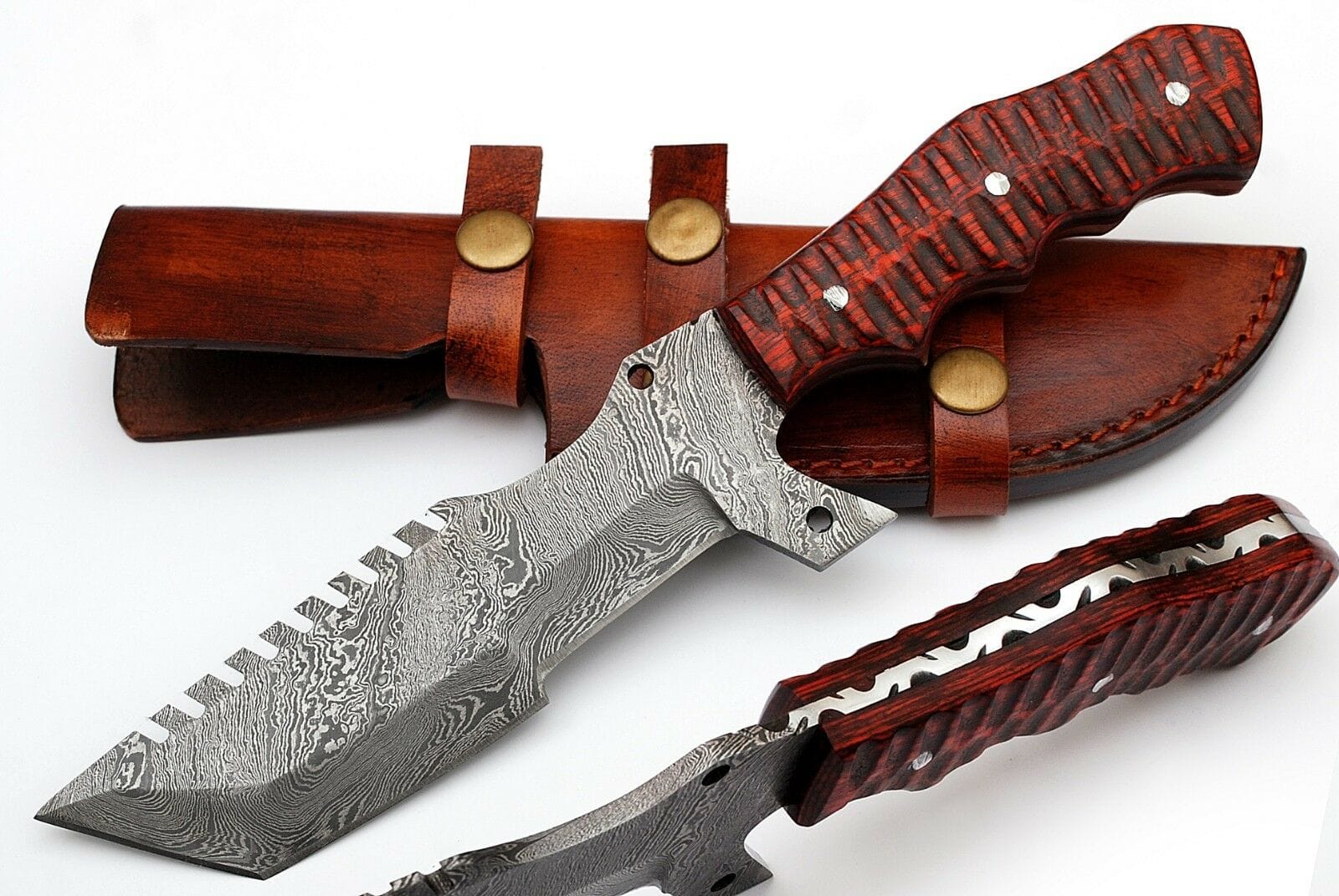 KBS Knives Store Tracker Knife Custom Handcrafted Damascus Steel Tanto Tracker Knife - 11.5" Exotic Color Wood Handle with Horizontal Leather Sheath | Survival, Camping, Tactical | KBS Knives