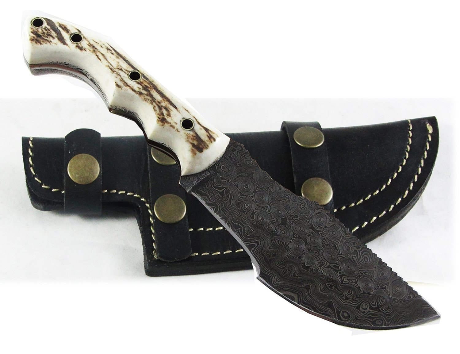 KBS Knives Store Tracker Knife Custom Handcrafted Damascus Steel Tom Brown Tracker Knife - 10" Antler Horn Handle with Horizontal Leather Sheath | Survival, Tactical, Combat | KBS Knives