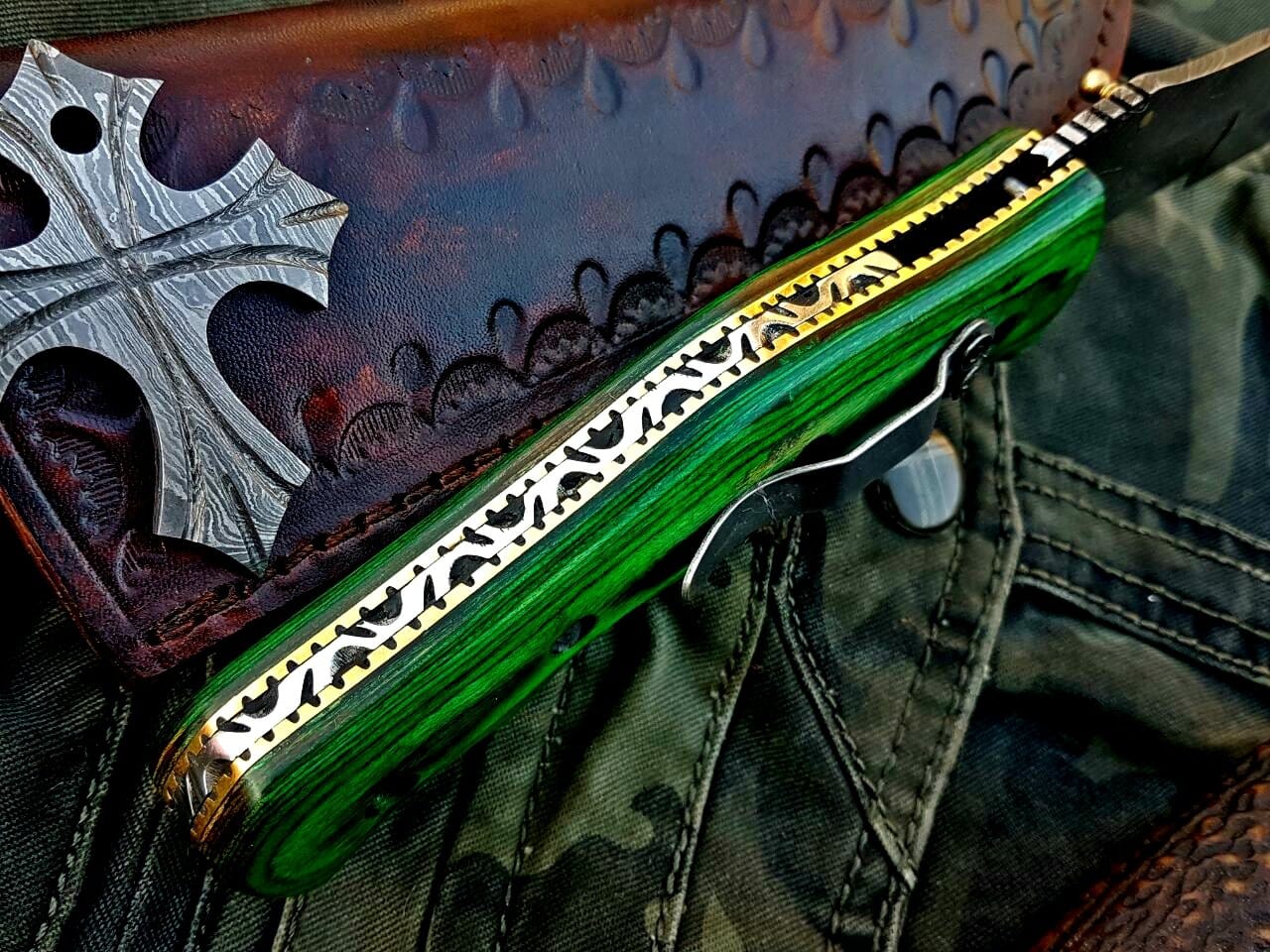 KBS Knives Store Tracker Knife Custom Handcrafted Damascus Steel Tops Tanto Tactical Tracker Folding Knife - Ideal for Survival, Camping & Tactical Use | KBS Knives