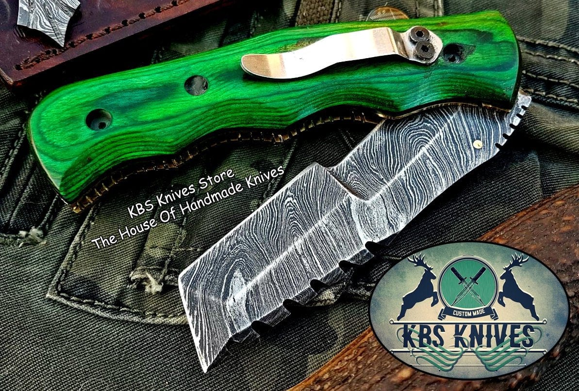KBS Knives Store Tracker Knife Custom Handcrafted Damascus Steel Tops Tanto Tactical Tracker Folding Knife - Ideal for Survival, Camping & Tactical Use | KBS Knives