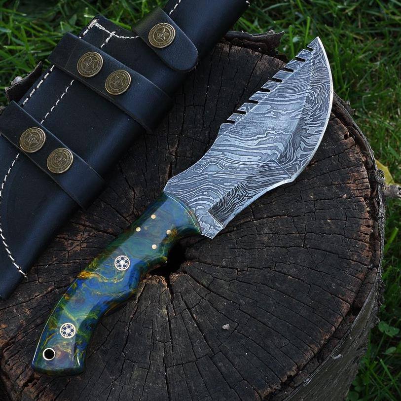 KBS Knives Store Tracker Knife Custom Handcrafted Fire Damascus Top Tom Brown Tracker Knife - 10" Epoxy Resin Handle with Horizontal Leather Sheath | Survival, Tactical, Combat | KBS Knives