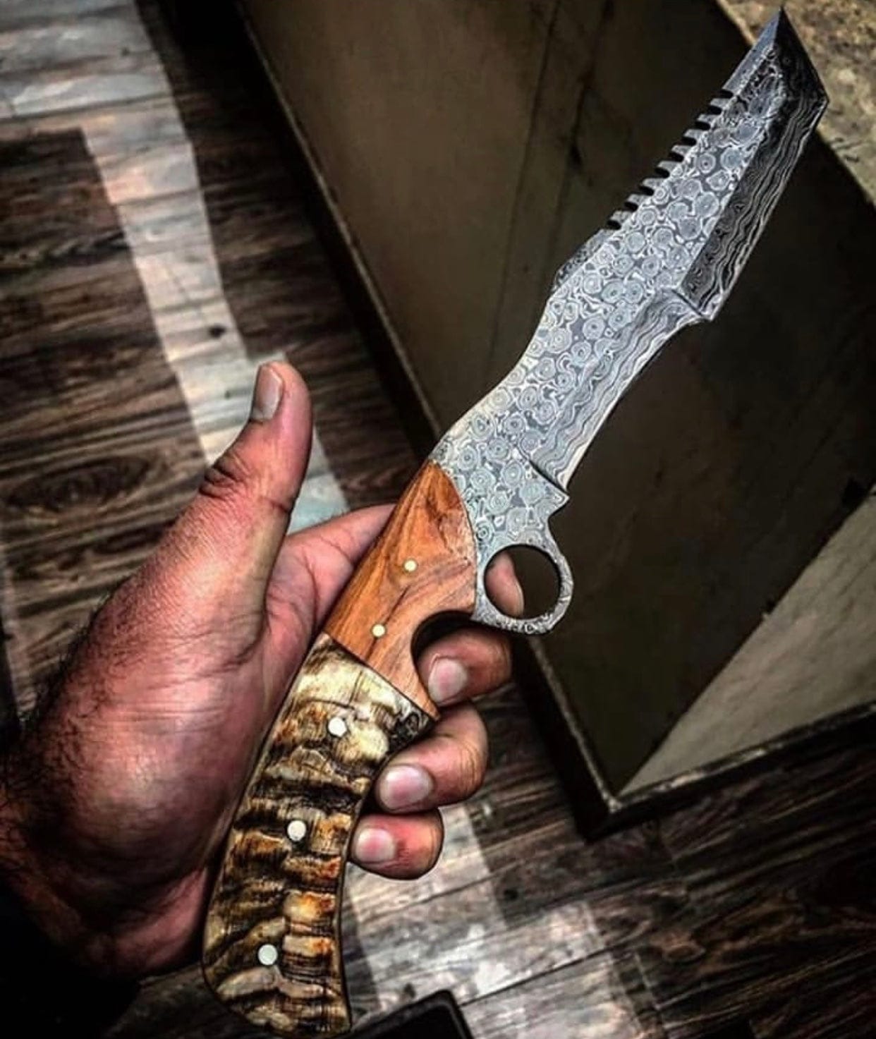 KBS Knives Store Tracker Knife Custom Handcrafted Raindrops Damascus Tanto Tactical Survival Tracker Knife - 13" Mountain Sheep Horn & Olivewood Handle with Finger Hole | Horizontal Leather Sheath | KBS Knives