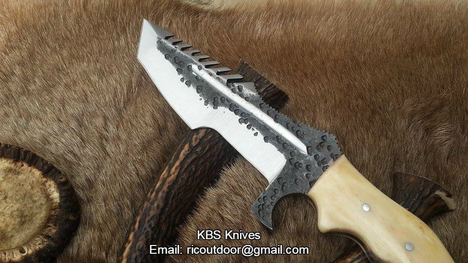 KBS Knives Store Tracker Knife Custom Handmade 1095 Steel Tanto Blade Tracker Knife - Full Tang Bone Handle, 10.5" Overall with Horizontal Leather Sheath | Ideal for Survival & Camping | KBS Knives