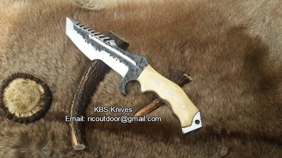 KBS Knives Store Tracker Knife Custom Handmade 1095 Steel Tanto Blade Tracker Knife - Full Tang Bone Handle, 10.5" Overall with Horizontal Leather Sheath | Ideal for Survival & Camping | KBS Knives