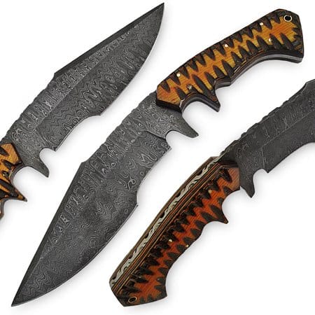 KBS Knives Store Tracker Knife Custom Handmade Damascus Steel Survival Knife with Exotic Wood Handle - 13 Inch Overall Length, Horizontal Leather Sheath