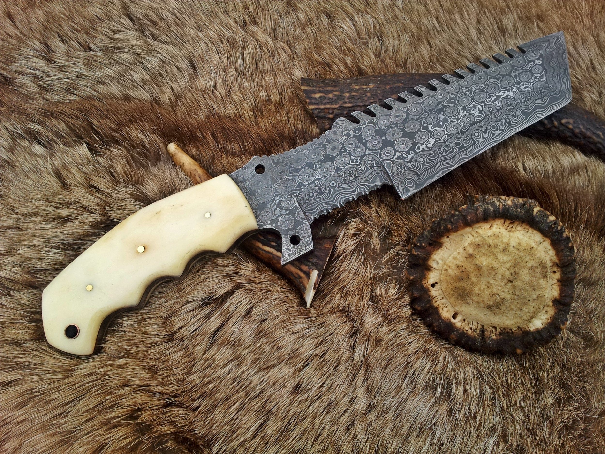 KBS Knives Store Tracker Knife Custom Handmade Damascus Tanto Tracker Knife with Camel Bone Handle and Leather Sheath – Full Tang 12-Inch Survival Knife by KBS Knives
