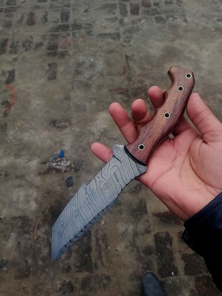 KBS Knives Store Tracker Knife Custom Handmade Damascus Tanto Tracker Knife with Rosewood Handle - 10 inches Overall Length, Serrated Top Blade