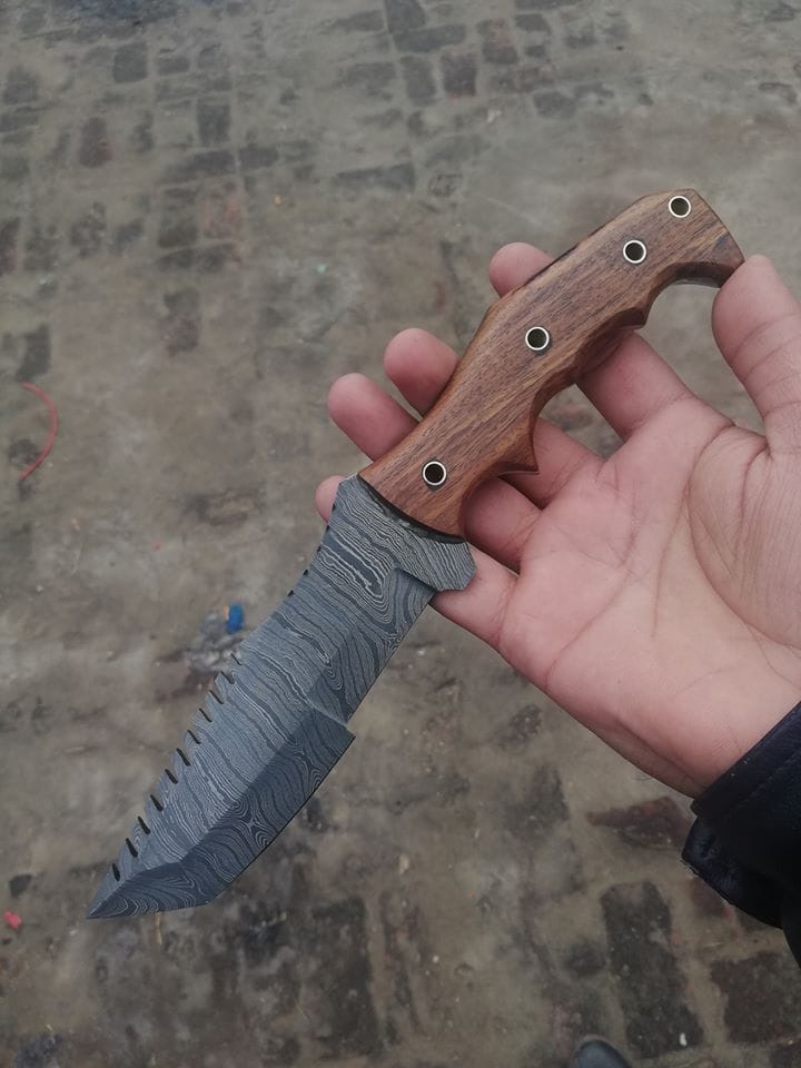 KBS Knives Store Tracker Knife Custom Handmade Damascus Tanto Tracker Knife with Rosewood Handle - 10 inches Overall Length, Serrated Top Blade
