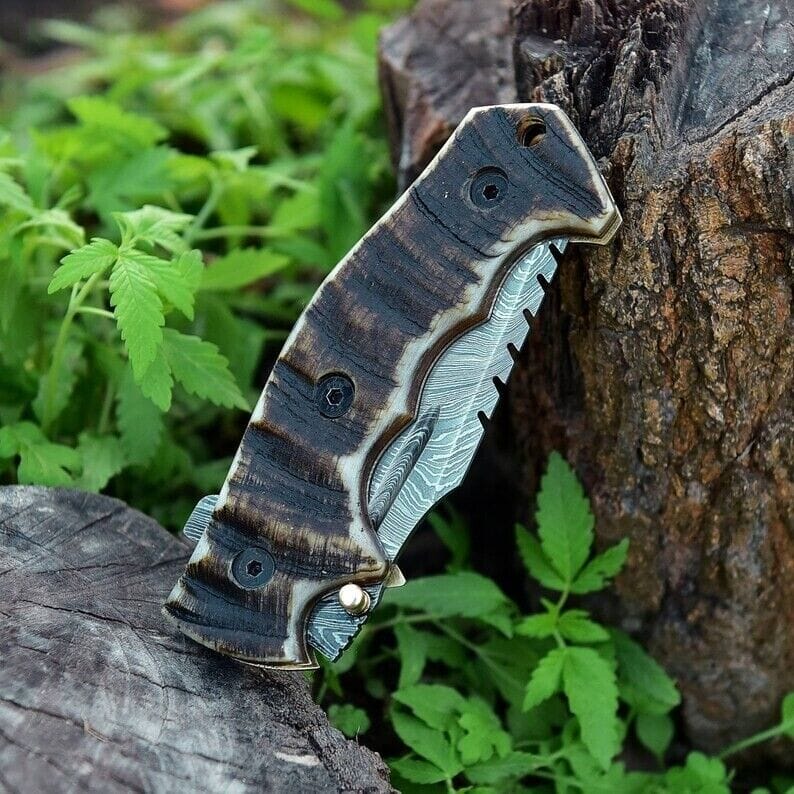 KBS Knives Store Tracker Knife EDC Tracker Folding Pocket Knife - Handmade Damascus Steel