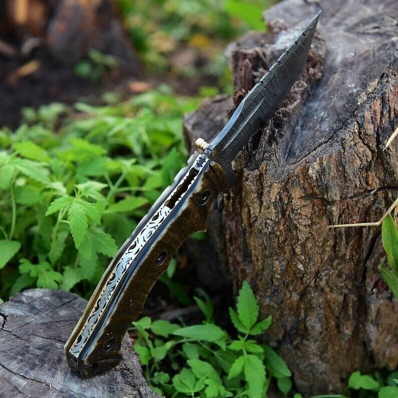KBS Knives Store Tracker Knife EDC Tracker Folding Pocket Knife - Handmade Damascus Steel
