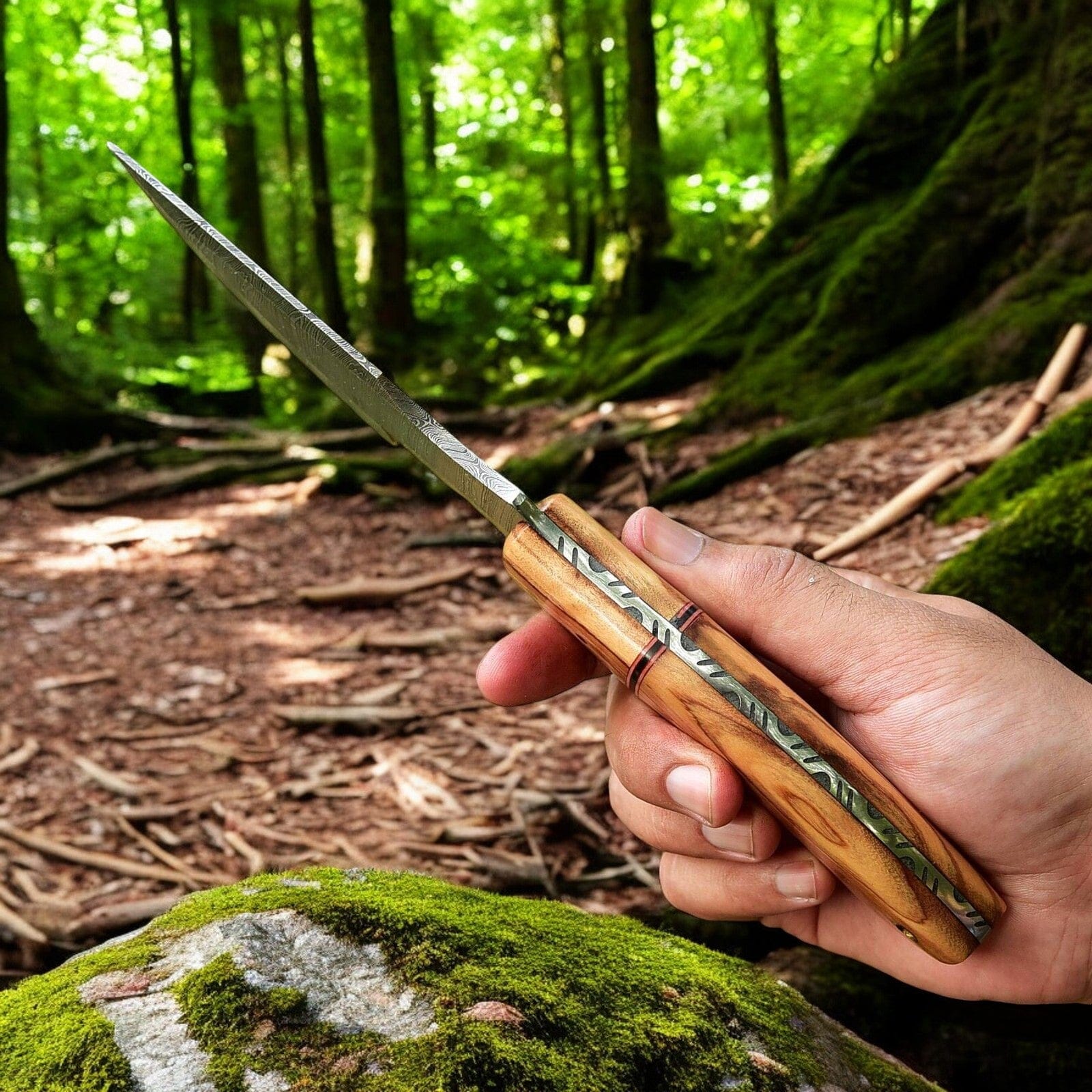 KBS Knives Store Tracker Knife Handmade Tom Brown Tracker Knife with Damascus Steel Blade & Olivewood Handle – 10" Overall Length