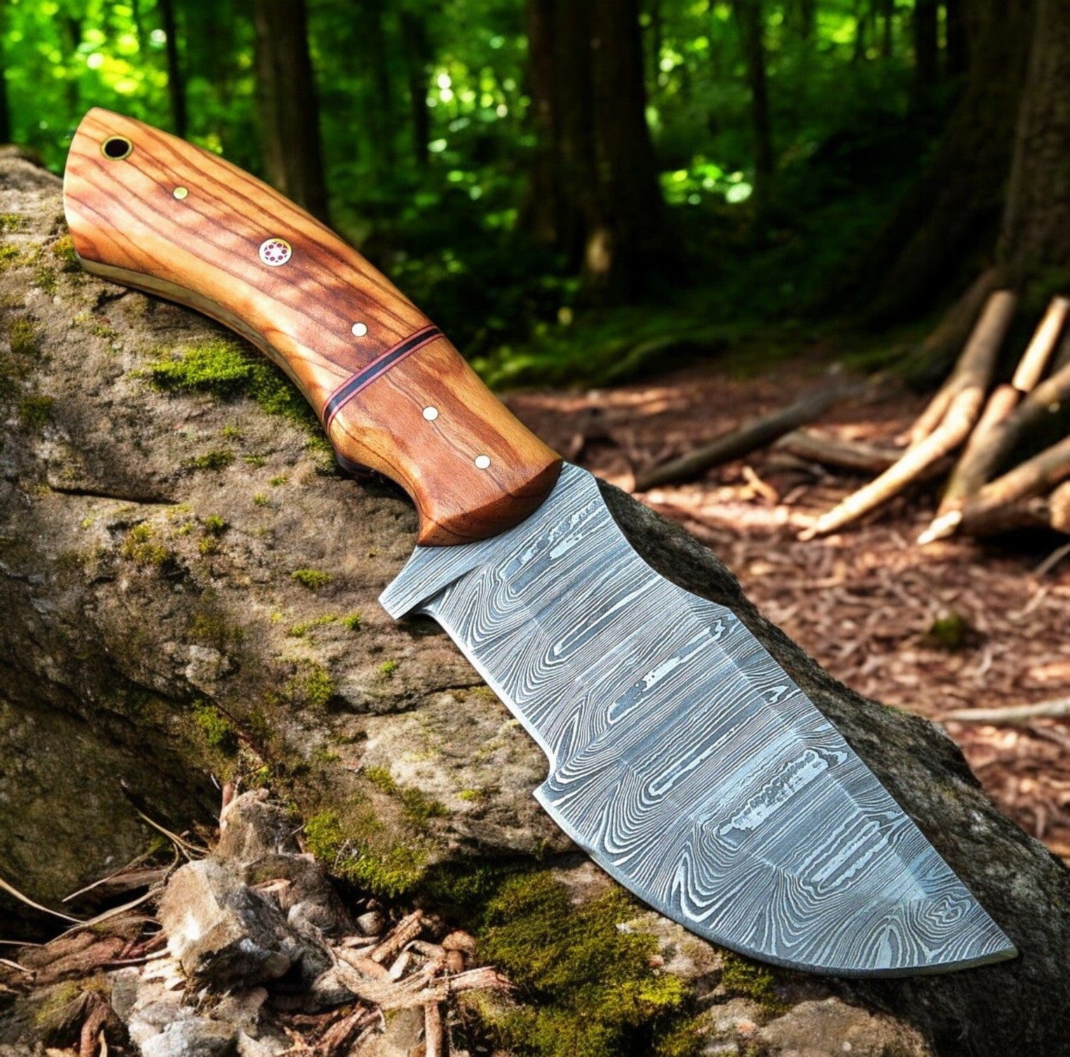 KBS Knives Store Tracker Knife Handmade Tom Brown Tracker Knife with Damascus Steel Blade & Olivewood Handle – 10" Overall Length
