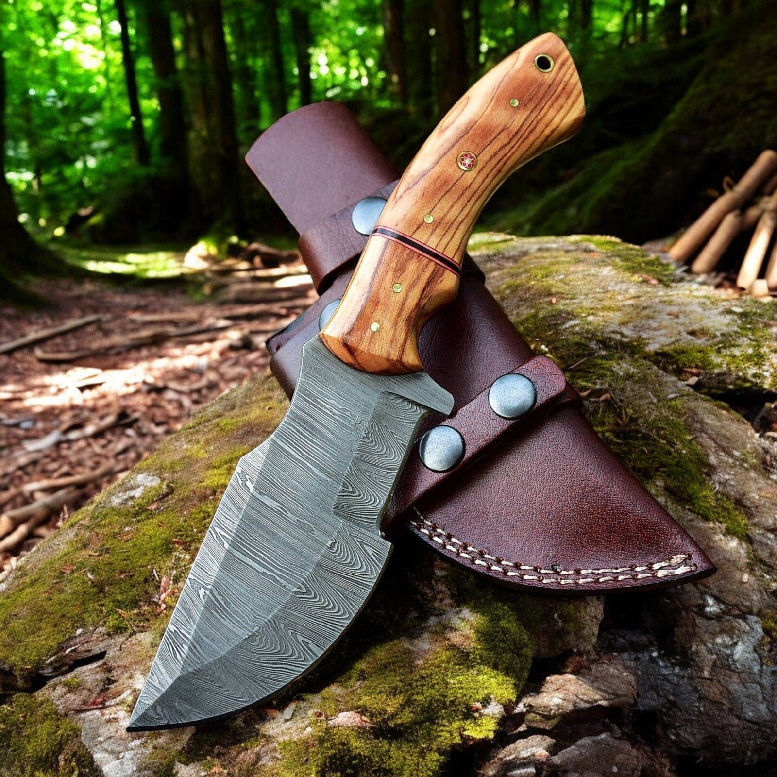 KBS Knives Store Tracker Knife Handmade Tom Brown Tracker Knife with Damascus Steel Blade & Olivewood Handle – 10" Overall Length