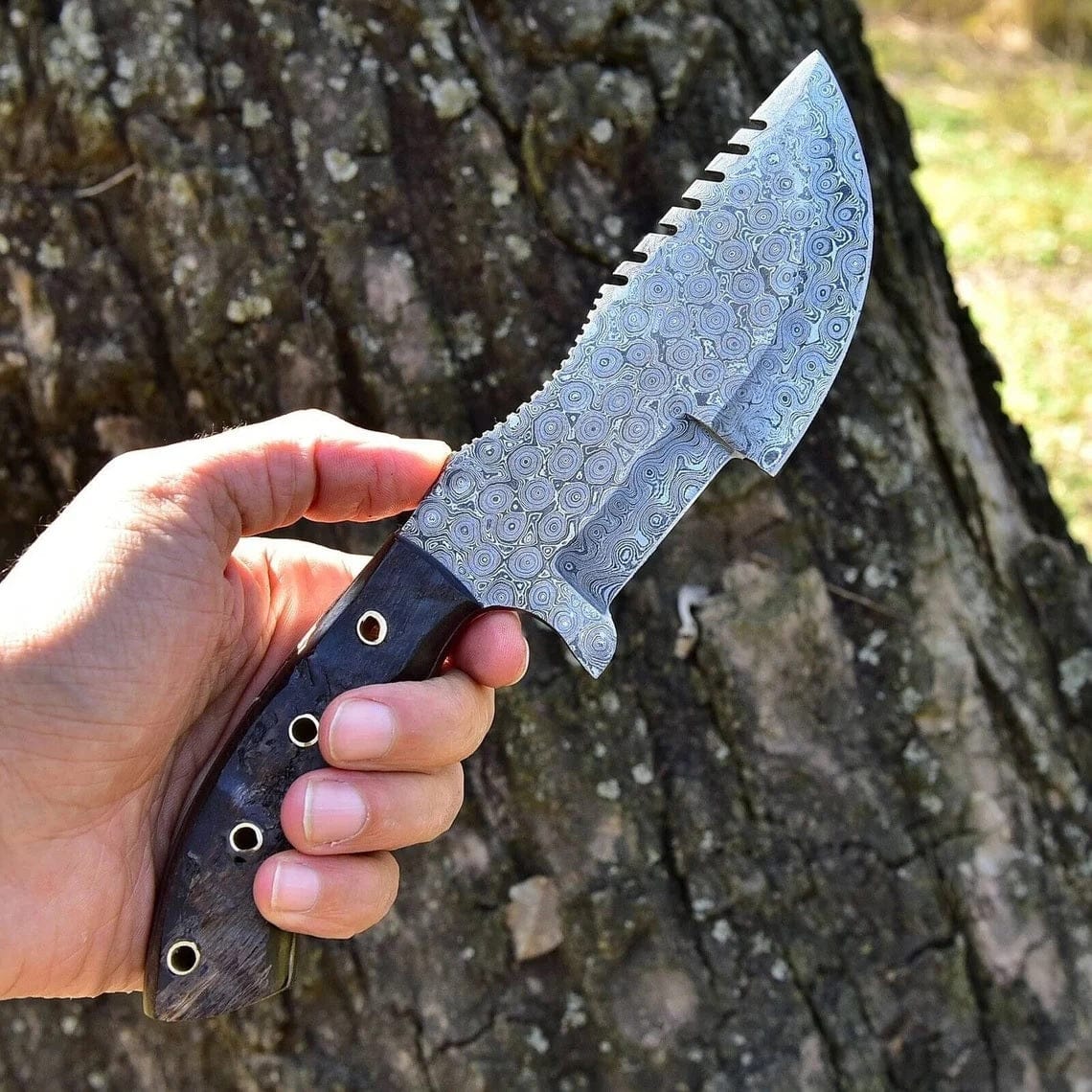 KBS Knives Store Tracker Knife Knife from the Movie Hunted – 10" Damascus Steel with Sheep Horn Handle