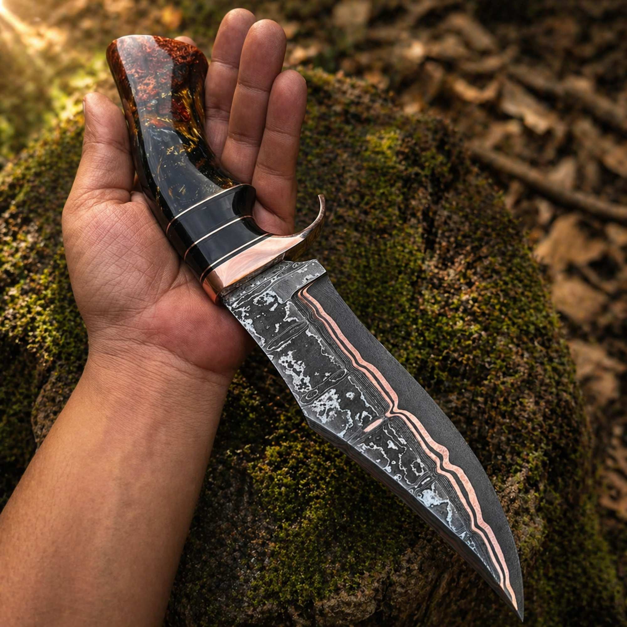 MALIKA KNIVES Copper Damascus Bowie Knife Handmade Copper Guard