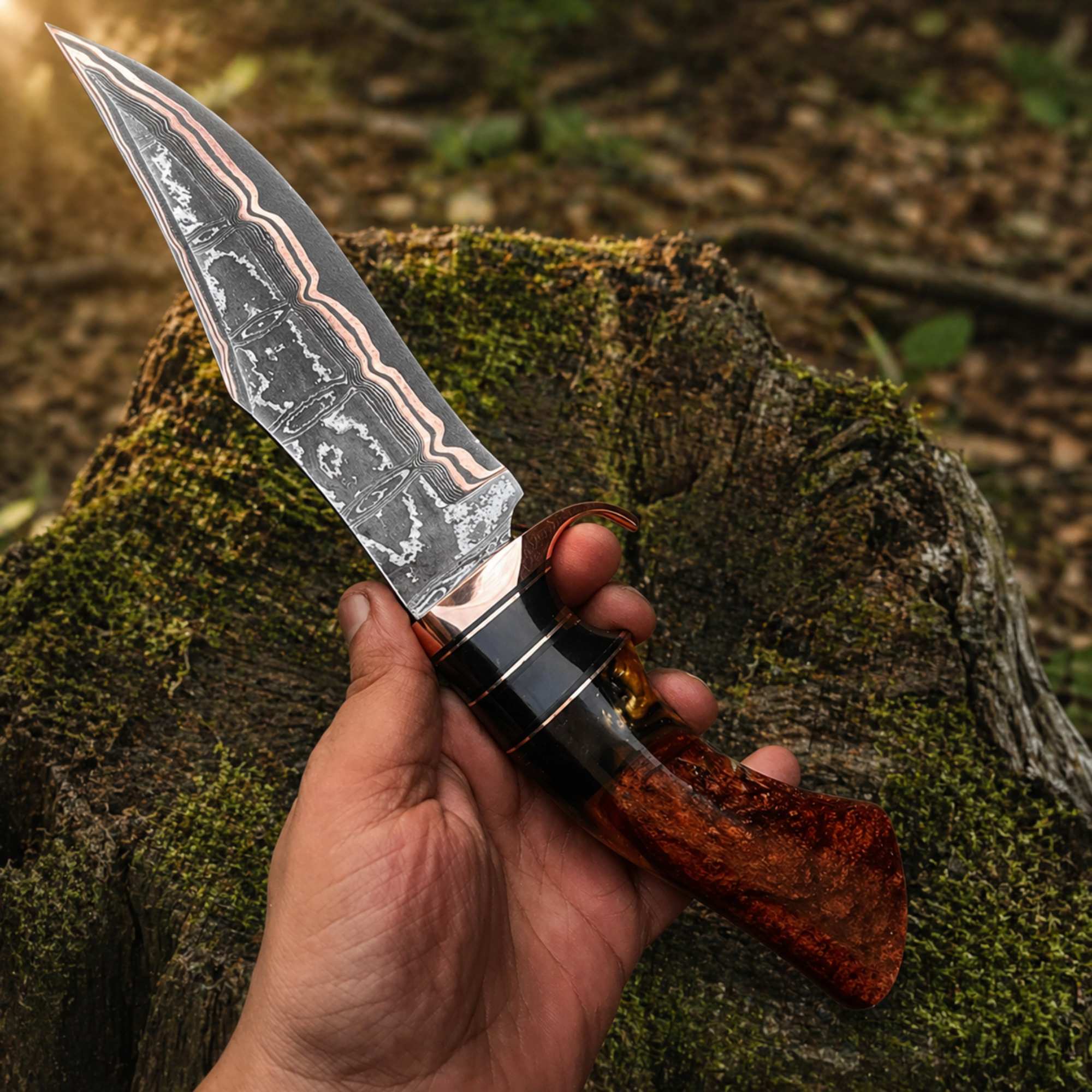 MALIKA KNIVES Copper Damascus Bowie Knife Handmade Copper Guard