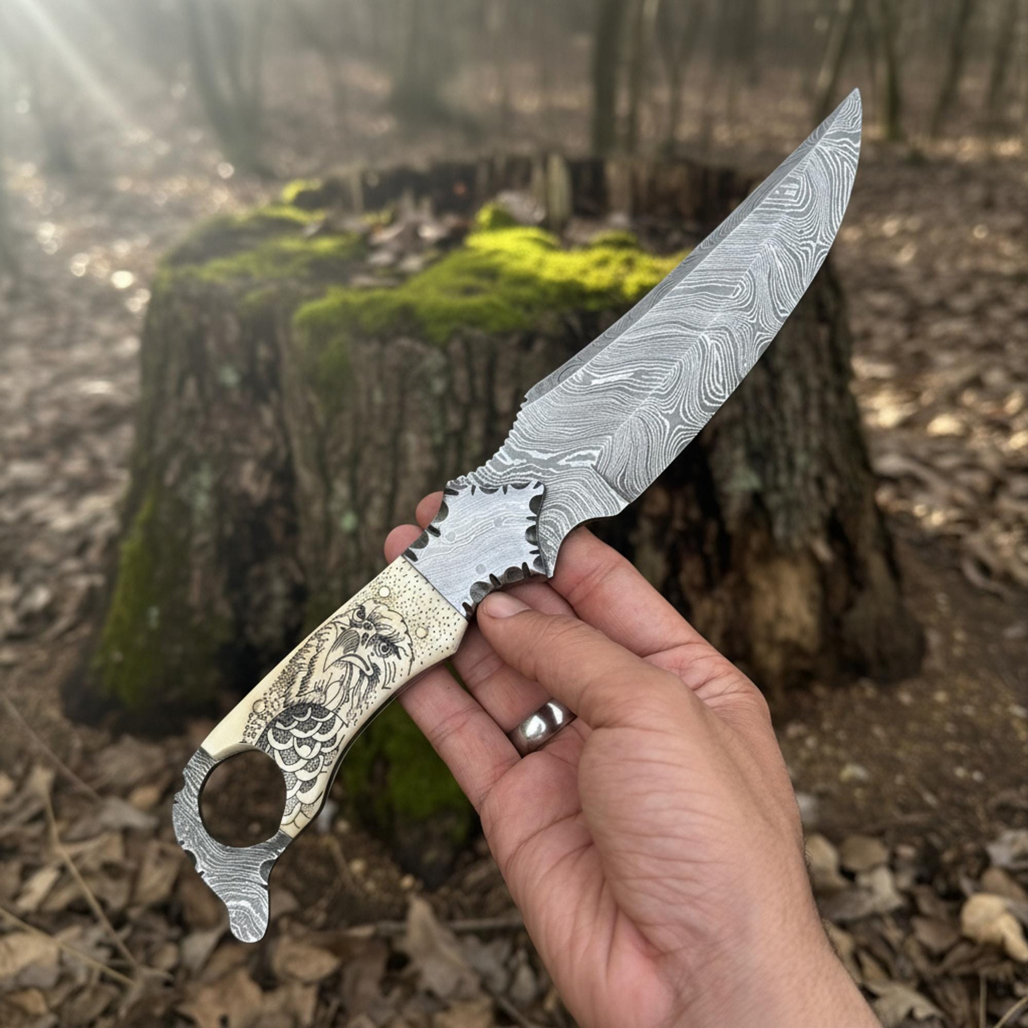 MALIKA KNIVES simple Biker Ringtail Knife Damascus Camel Bone EDC