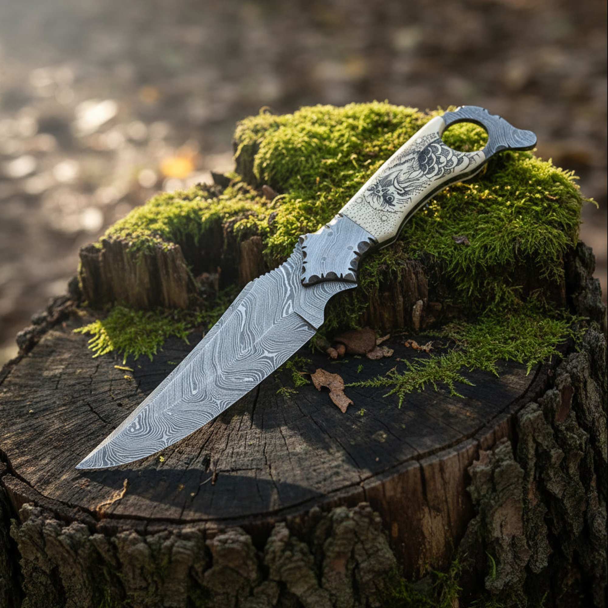 MALIKA KNIVES simple Biker Ringtail Knife Damascus Camel Bone EDC