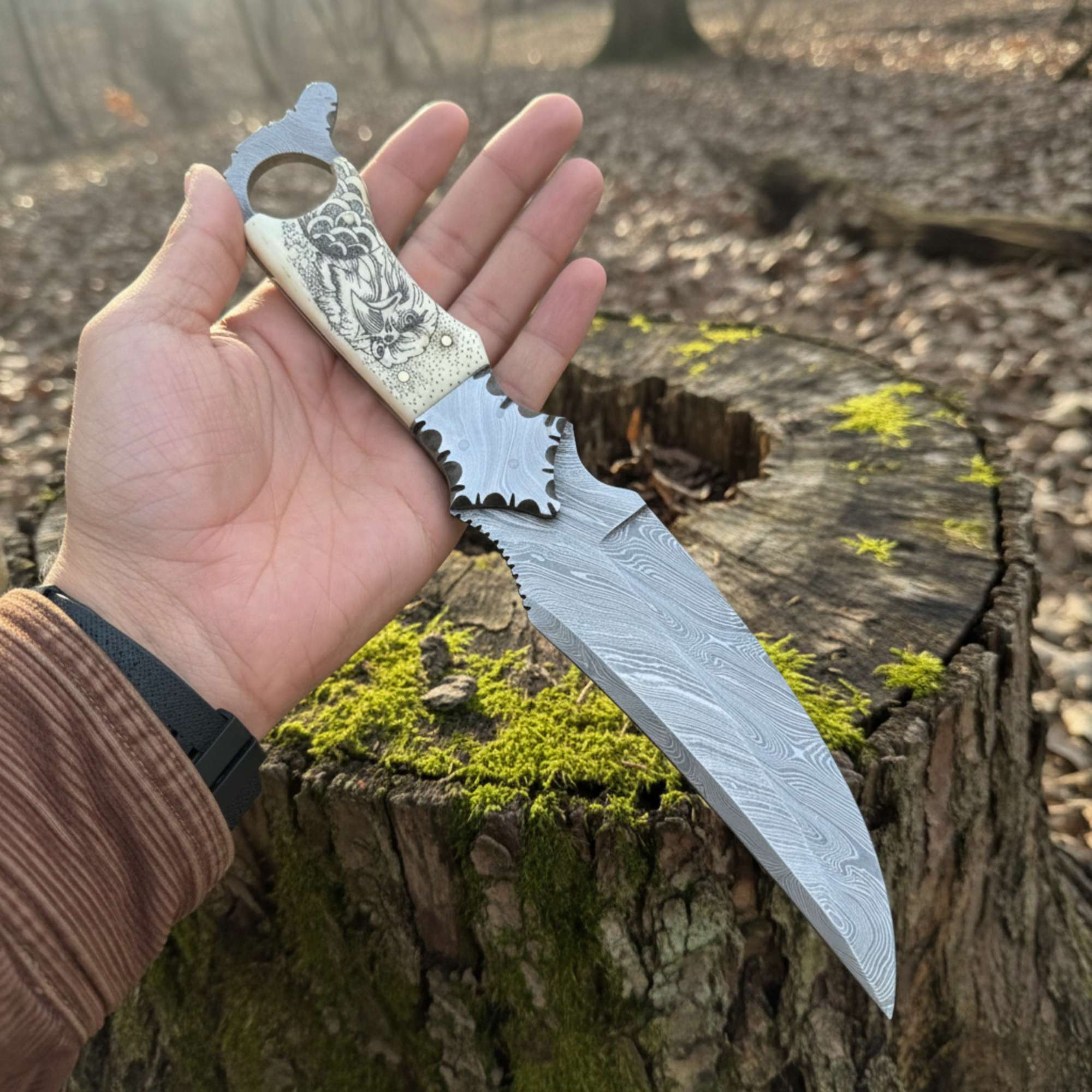 MALIKA KNIVES simple Biker Ringtail Knife Damascus Camel Bone EDC