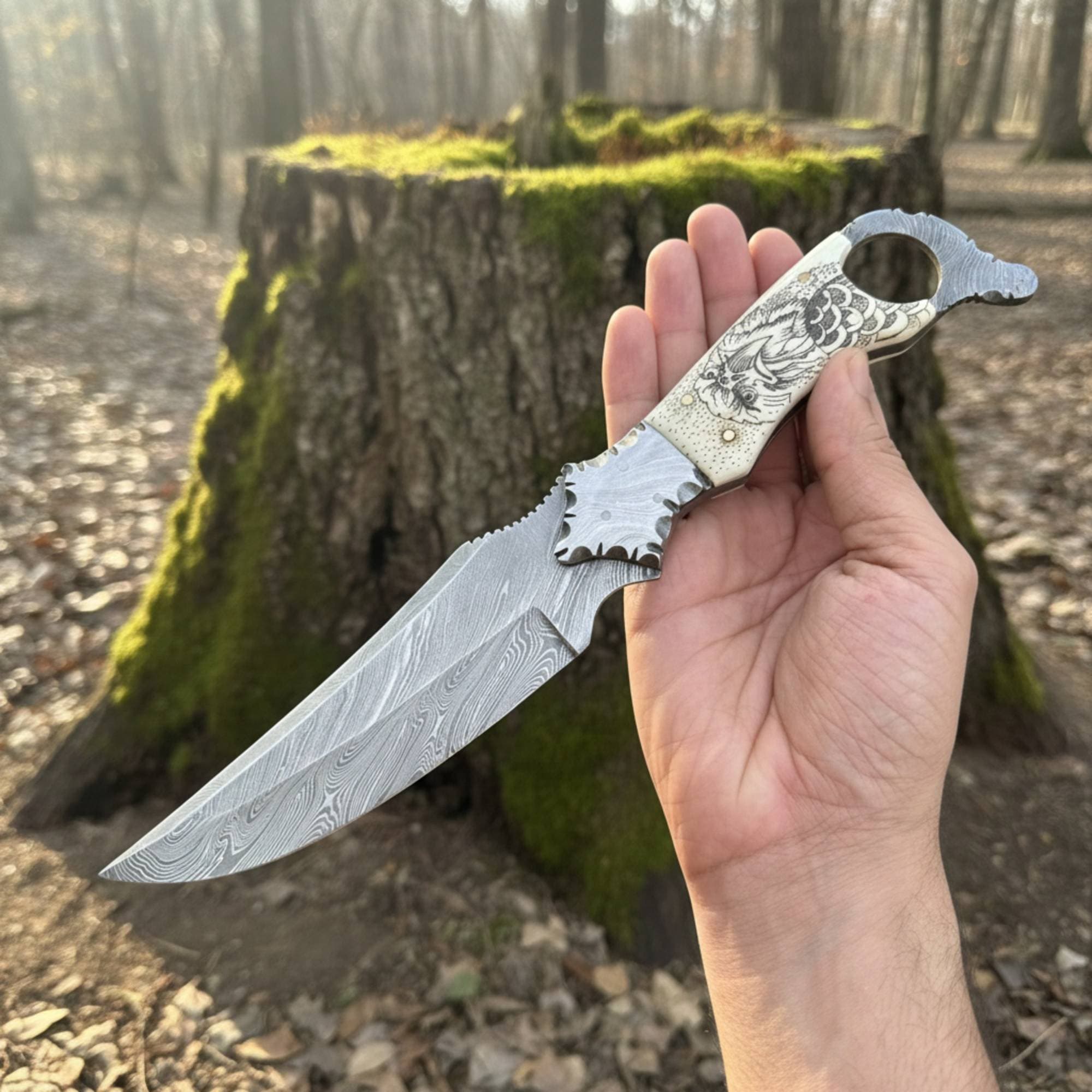 MALIKA KNIVES simple Biker Ringtail Knife Damascus Camel Bone EDC