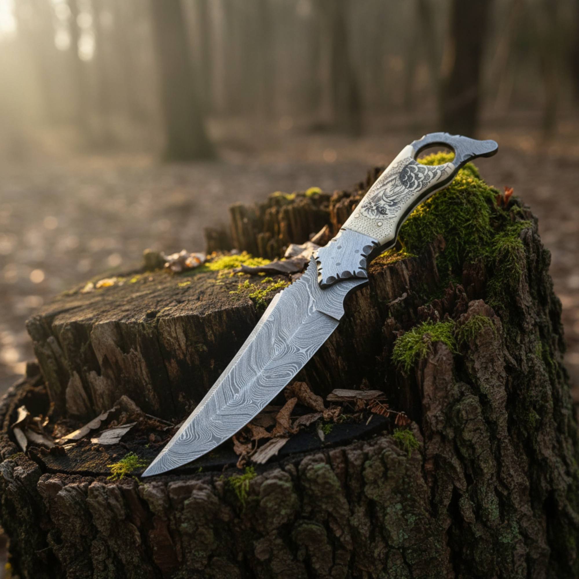MALIKA KNIVES simple Biker Ringtail Knife Damascus Camel Bone EDC