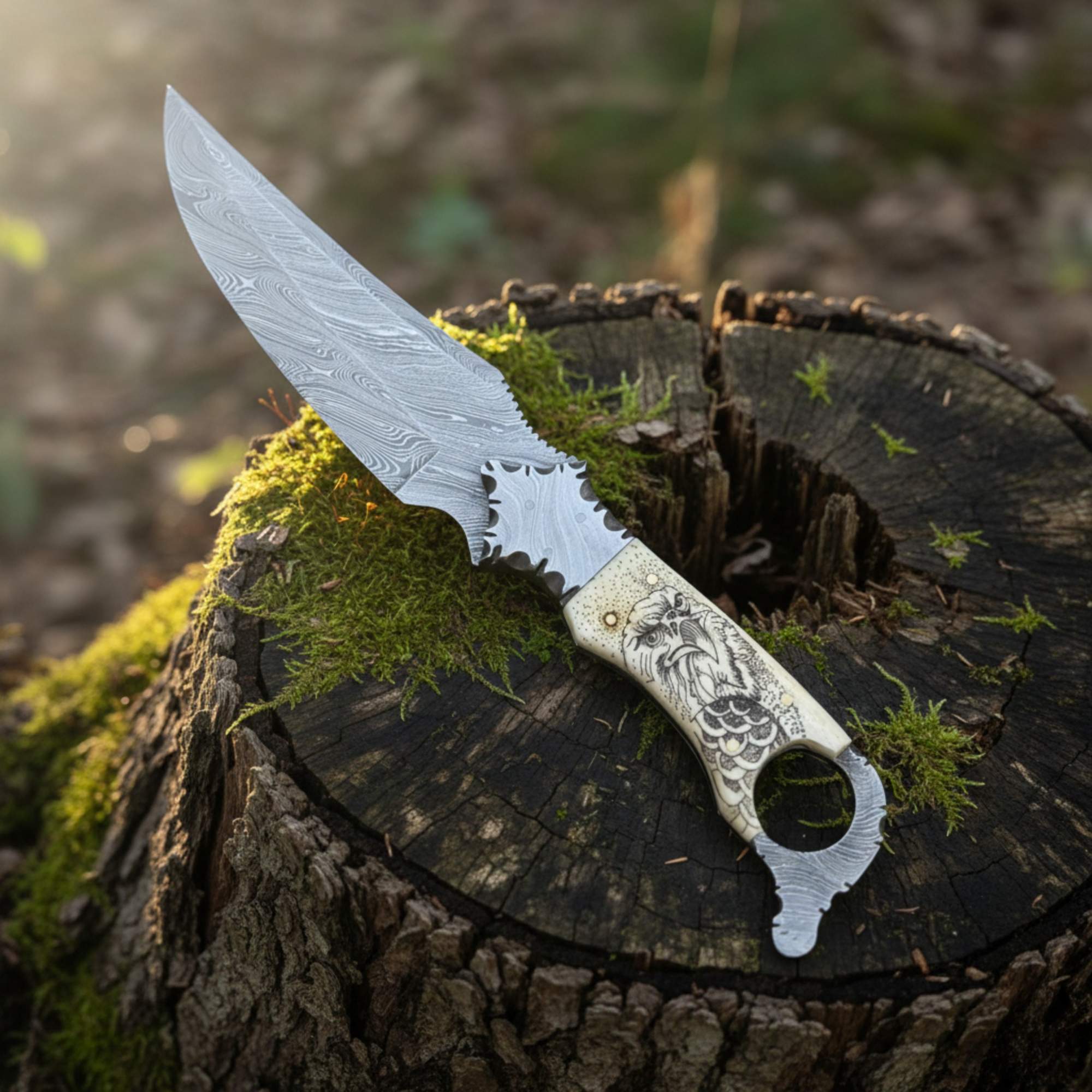 MALIKA KNIVES simple Biker Ringtail Knife Damascus Camel Bone EDC