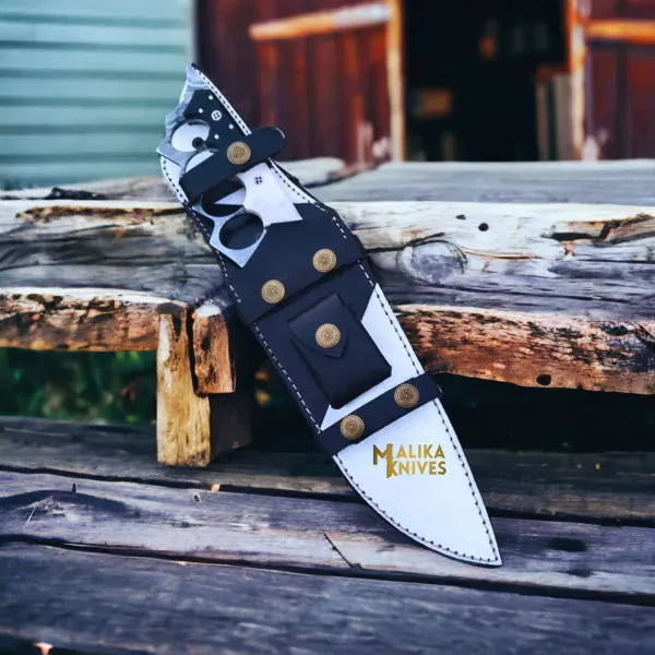 MALIKA KNIVES simple Black White Damascus Knuckle Bowie Knife Resin Handle