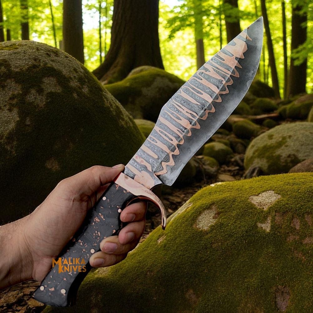 MALIKA KNIVES simple Copper Damascus Bowie Knife | Carbon Fiber Handle
