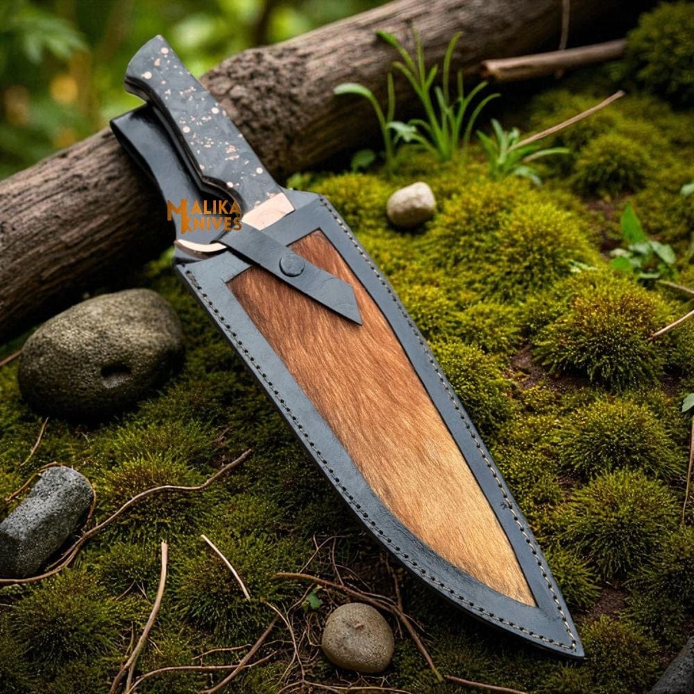 MALIKA KNIVES simple Copper Damascus Bowie Knife | Carbon Fiber Handle