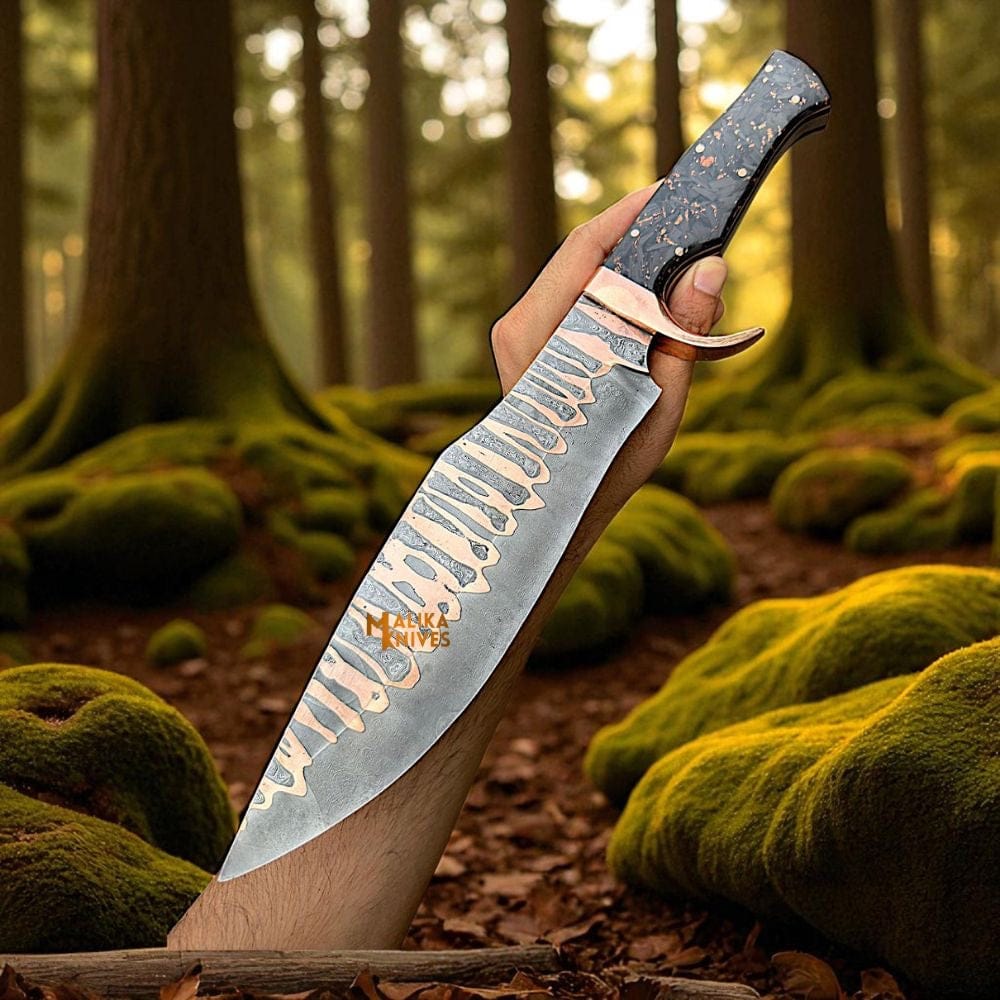 MALIKA KNIVES simple Copper Damascus Bowie Knife | Carbon Fiber Handle