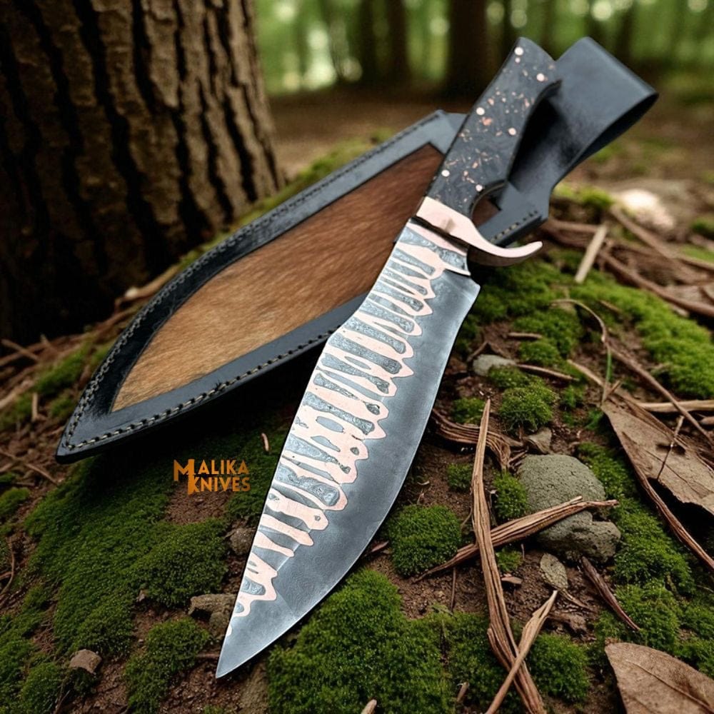 MALIKA KNIVES simple Copper Damascus Bowie Knife | Carbon Fiber Handle