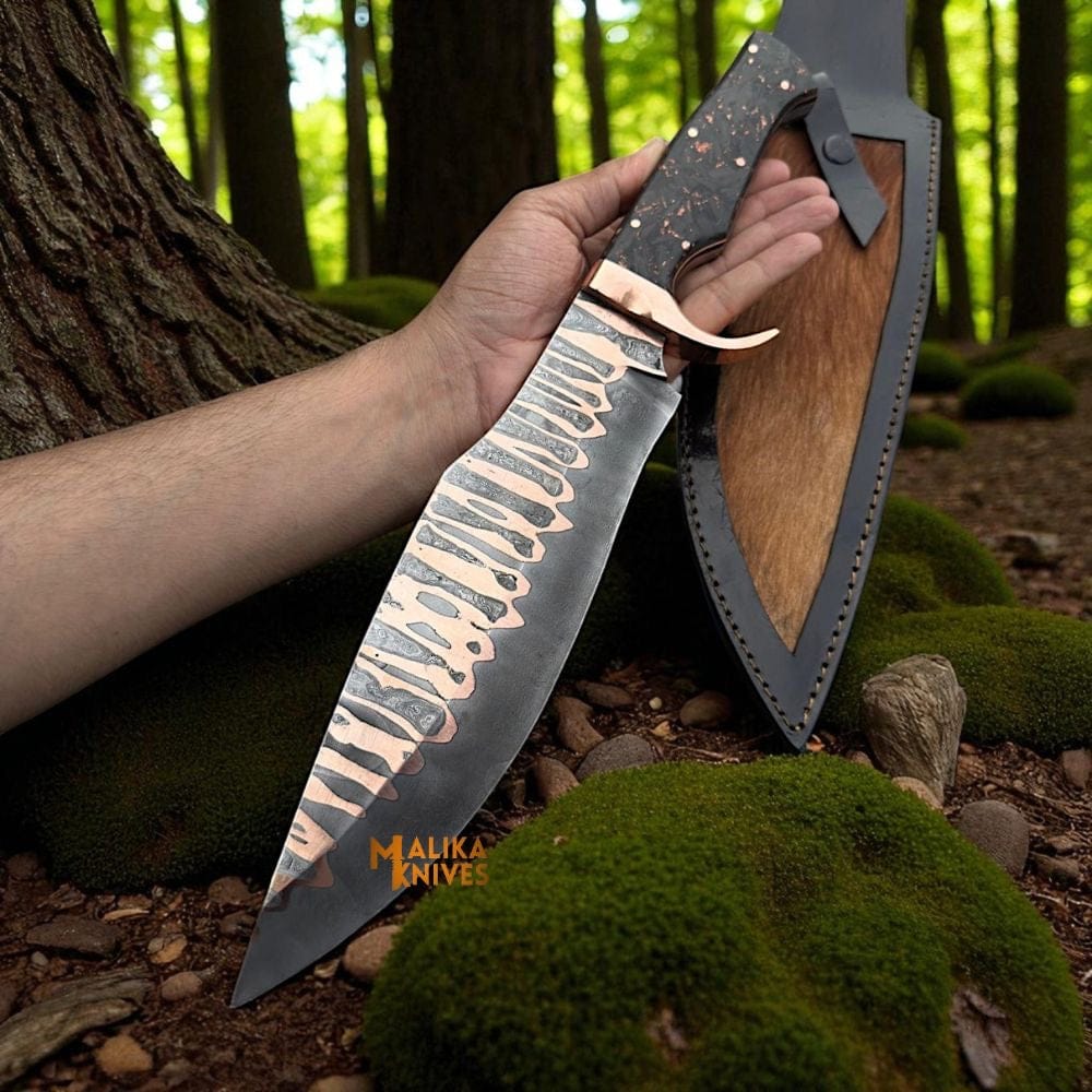 MALIKA KNIVES simple Copper Damascus Bowie Knife | Carbon Fiber Handle