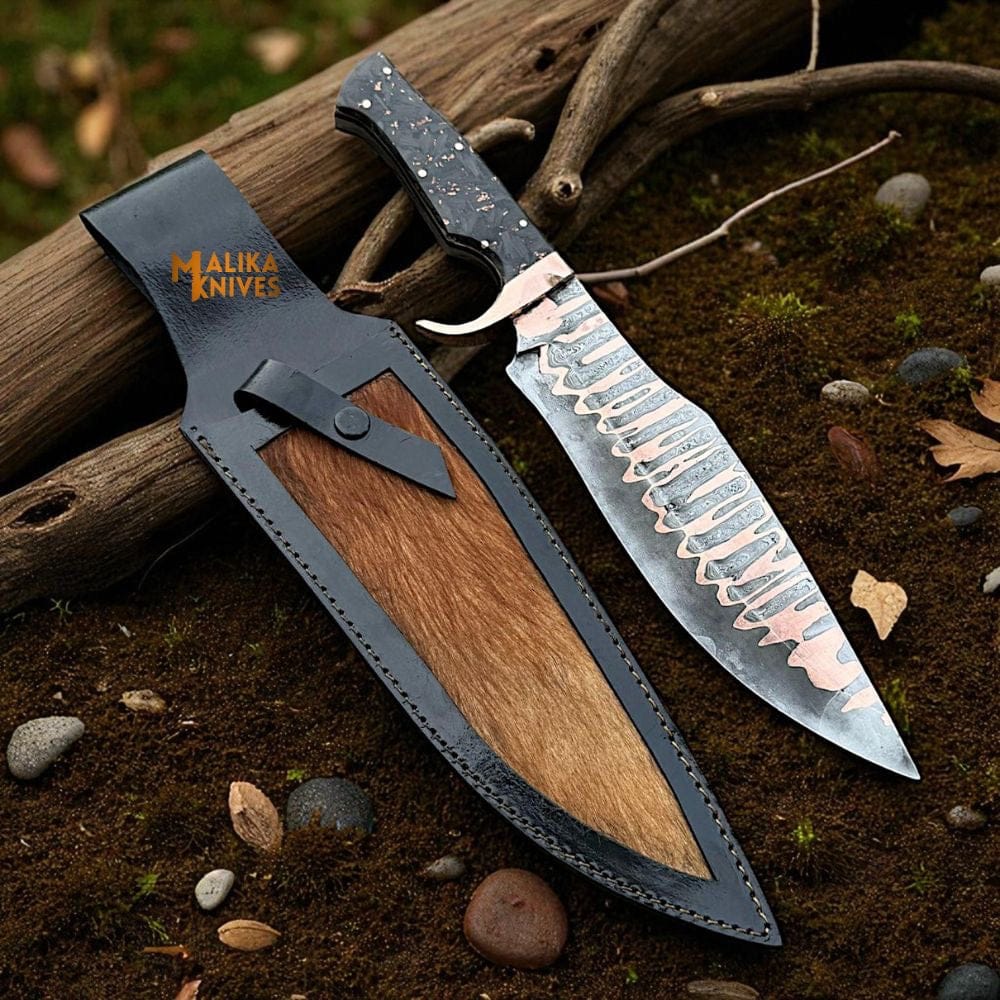 MALIKA KNIVES simple Copper Damascus Bowie Knife | Carbon Fiber Handle