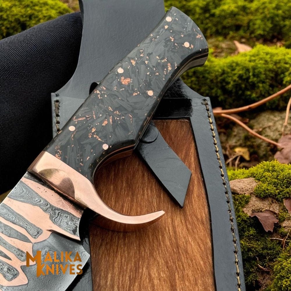 MALIKA KNIVES simple Copper Damascus Bowie Knife | Carbon Fiber Handle