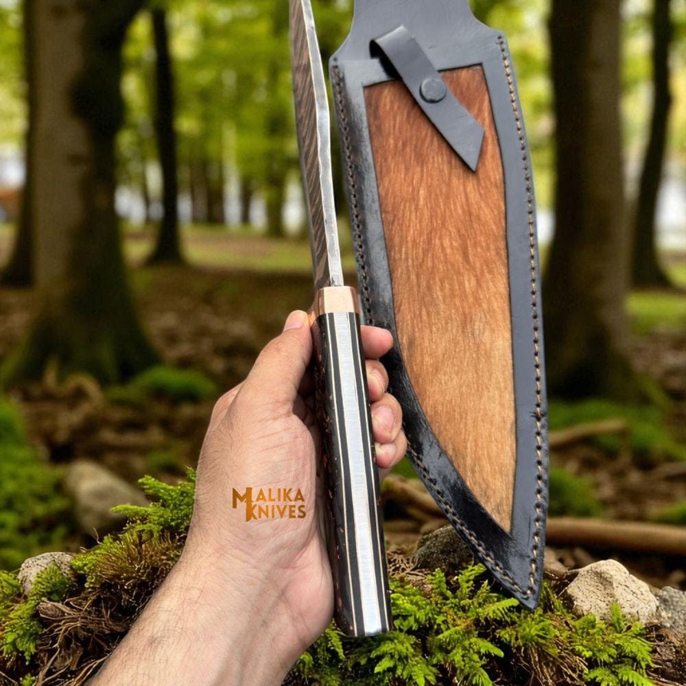 MALIKA KNIVES simple Copper Damascus Bowie Knife | Carbon Fiber Handle