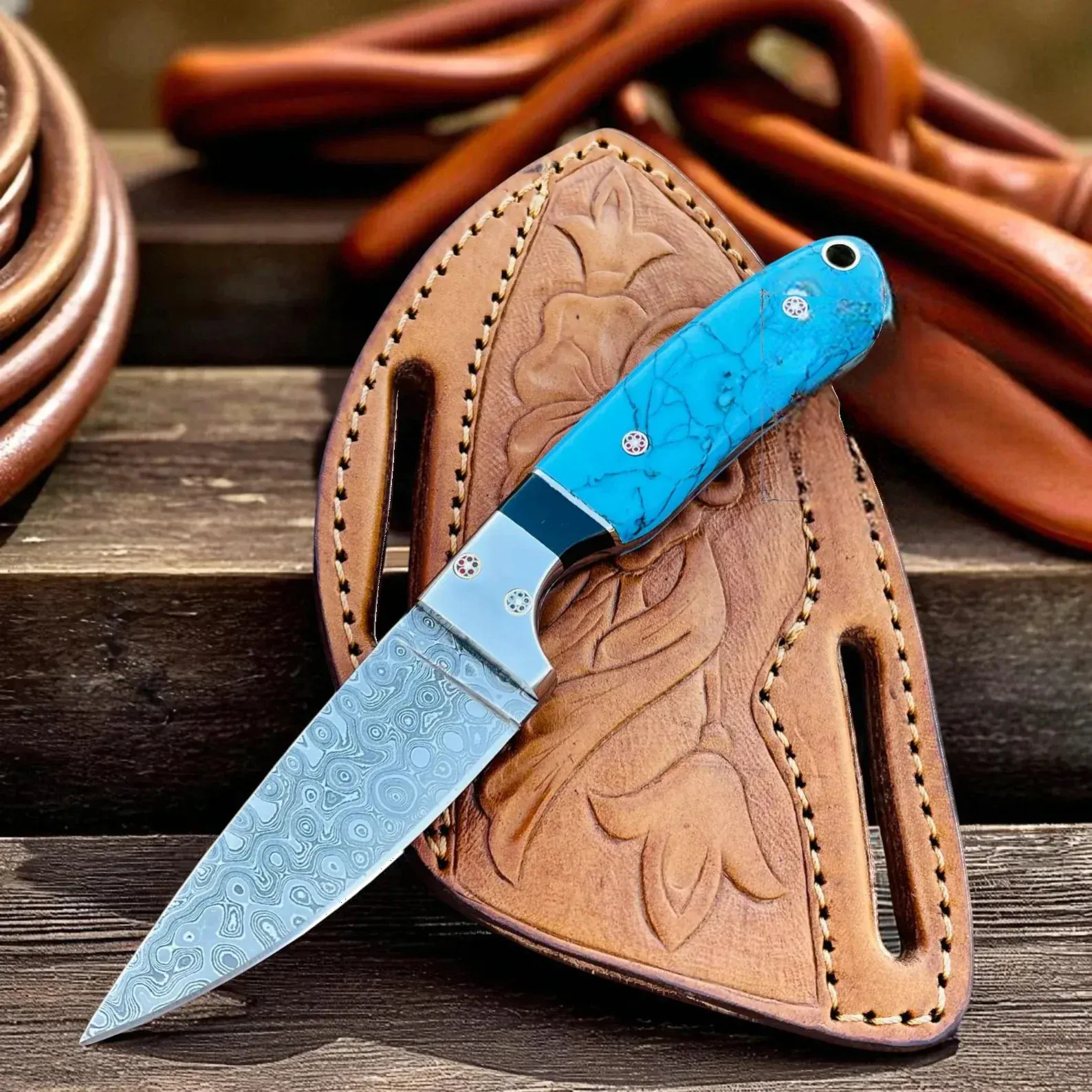 MALIKA KNIVES simple Cowboy Hunting Knife Damascus Steel Marble Handle