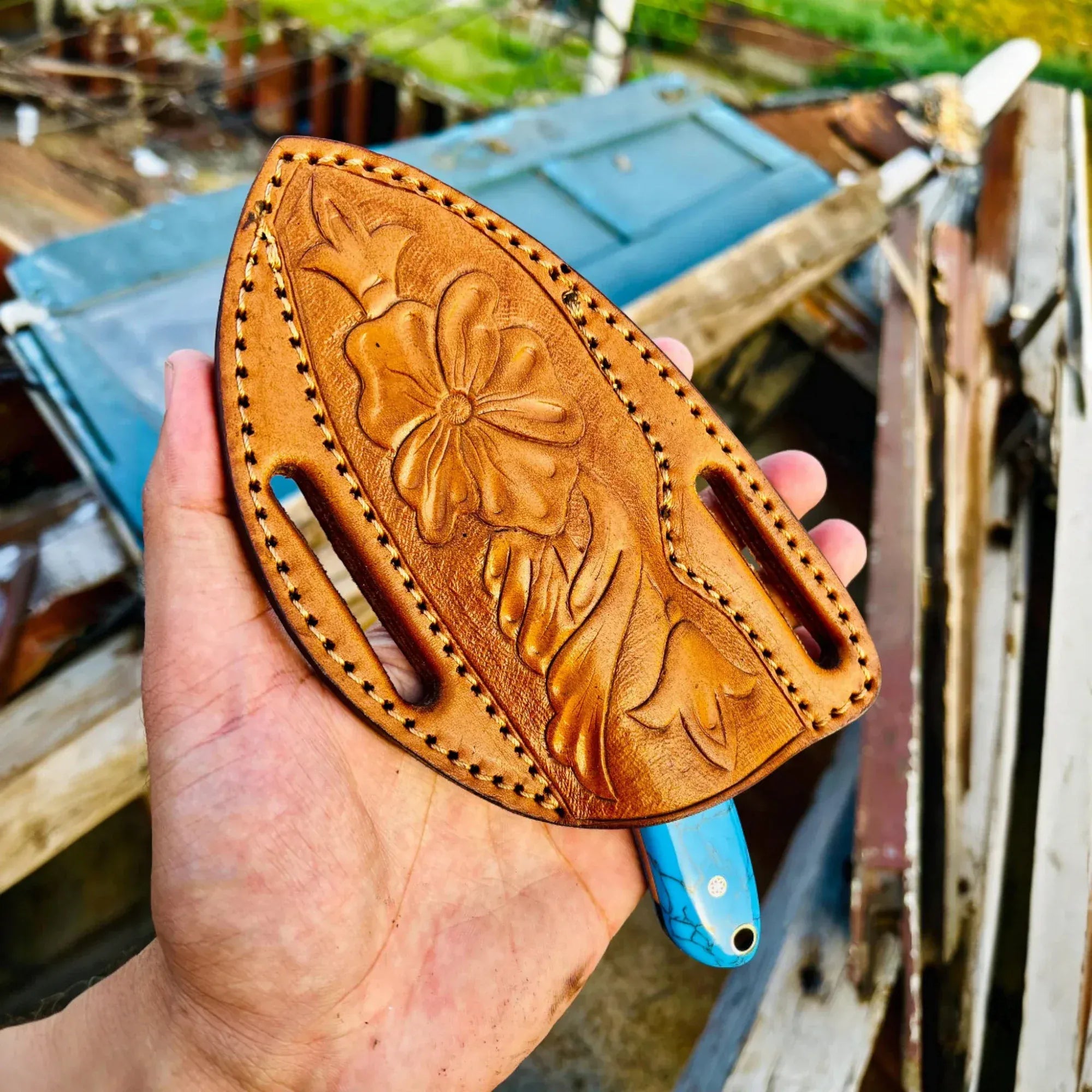 MALIKA KNIVES simple Cowboy Hunting Knife Damascus Steel Marble Handle
